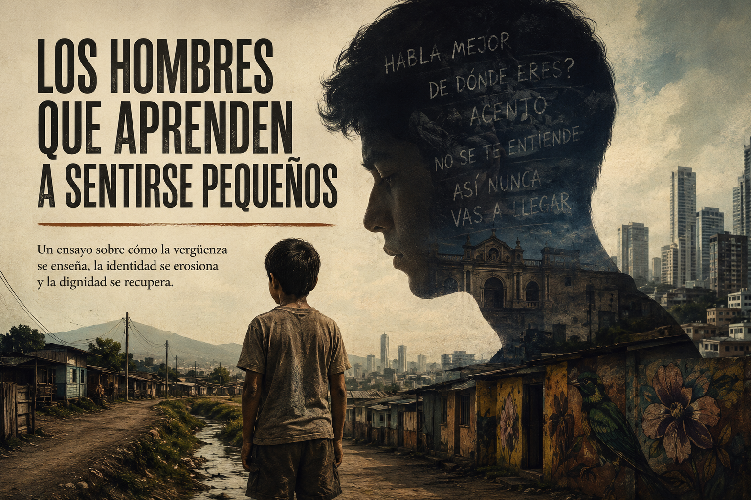 Ilustración editorial de “Los hombres que aprenden a sentirse pequeños”. Un niño observa un barrio popular atravesado por calles de tierra y un estero deteriorado, mientras detrás de él emerge una ciudad moderna e indiferente. Sobre la silueta de un joven aparecen frases de corrección y desprecio social, simbolizando cómo la vergüenza, la desigualdad y la subordinación cultural se aprenden desde la infancia en América Latina.